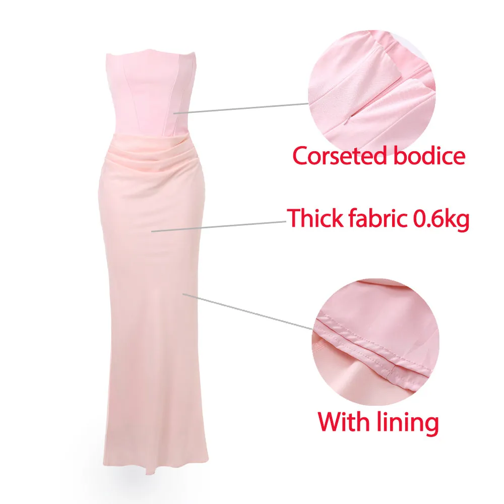 Flytonn Strapless Women Maxi Evening Dress 2025 Pink Corset Cocktail Dress Elegant Strapless Satin Formal Occasion Party Dresses-nye outfits