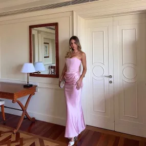 Flytonn Strapless Women Maxi Evening Dress 2025 Pink Corset Cocktail Dress Elegant Strapless Satin Formal Occasion Party Dresses-nye outfits