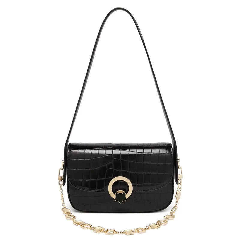 FOXER Fashion Lady Split Leather Shoulder Saddle Bag Simple Luxury Chain Small Square Bag Crocodile Pattern Underarm Woman Bag
