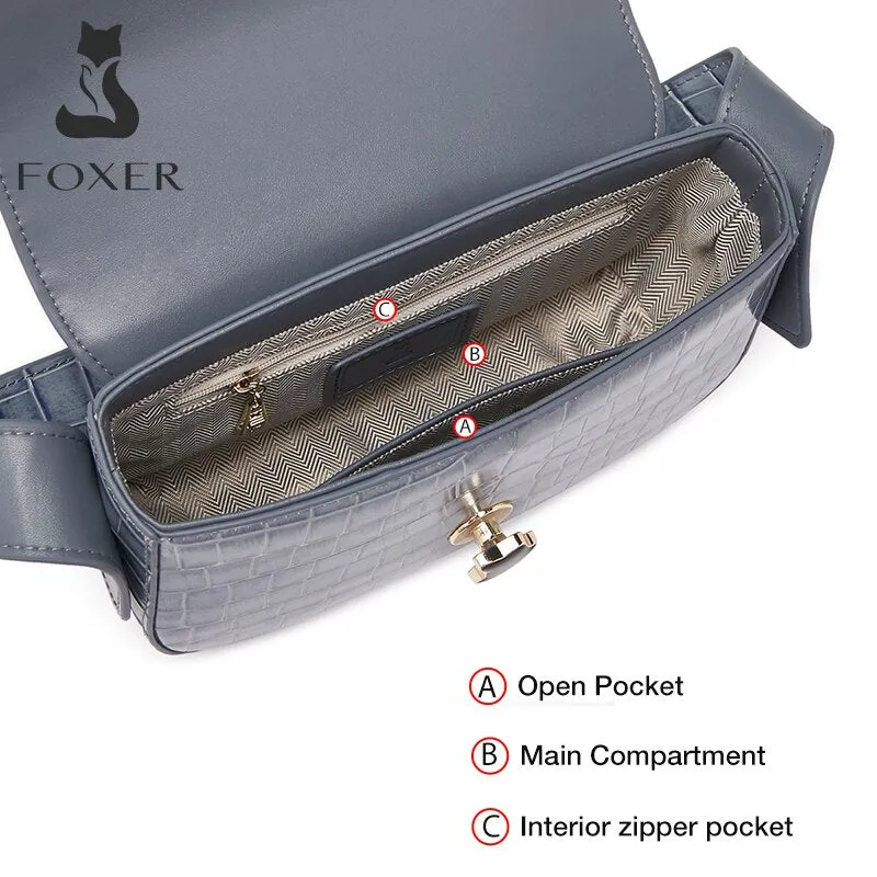 FOXER Fashion Lady Split Leather Shoulder Saddle Bag Simple Luxury Chain Small Square Bag Crocodile Pattern Underarm Woman Bag