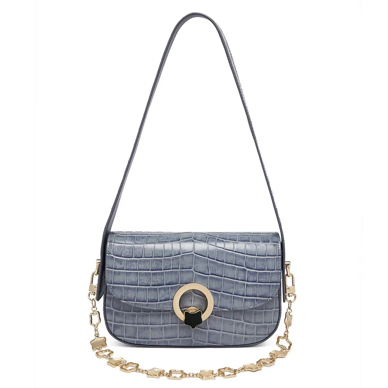 FOXER Fashion Lady Split Leather Shoulder Saddle Bag Simple Luxury Chain Small Square Bag Crocodile Pattern Underarm Woman Bag