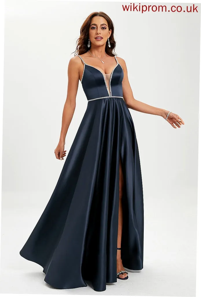 Frida Beading With Ball-Gown/Princess Sequins Prom Dresses Floor-Length V-neck Satin