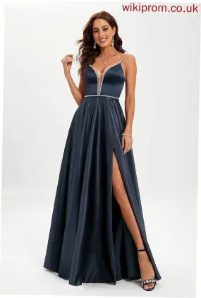 Frida Beading With Ball-Gown/Princess Sequins Prom Dresses Floor-Length V-neck Satin