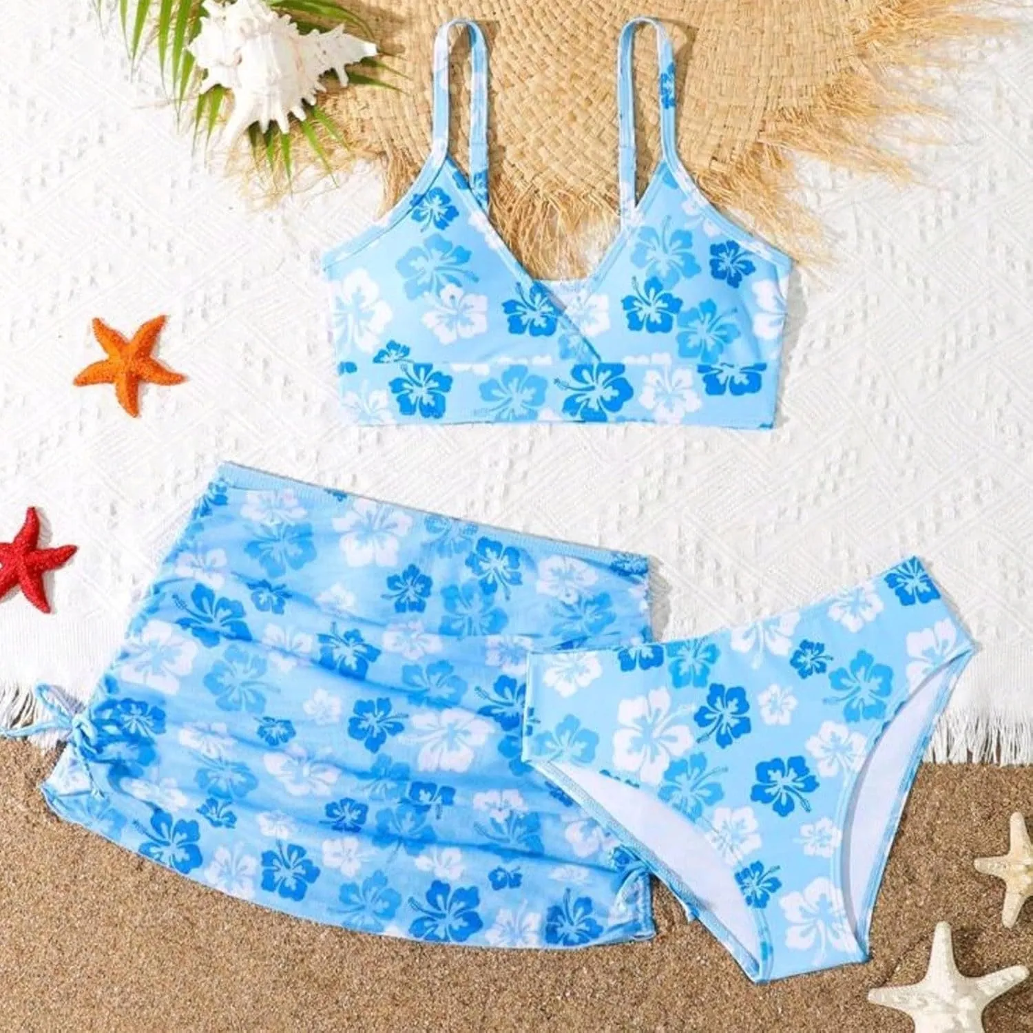 Girls Swimsuit 3 Piece Bathing Suits Quick Dry Floral Print Bikini Set with Beach Cover Up Hawaii Beach Kids Swimwear