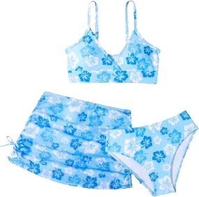 Girls Swimsuit 3 Piece Bathing Suits Quick Dry Floral Print Bikini Set with Beach Cover Up Hawaii Beach Kids Swimwear