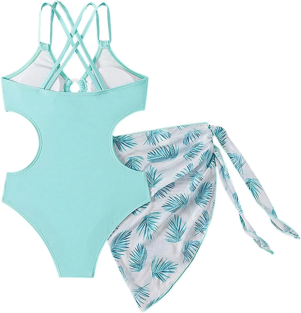 Girls Swimsuit Quick Dry Hollow Out Summer Beach Tropical Print Bikini Criss Cross 2 Piece Swimwear with Cover Up Skirt
