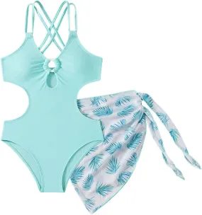 Girls Swimsuit Quick Dry Hollow Out Summer Beach Tropical Print Bikini Criss Cross 2 Piece Swimwear with Cover Up Skirt