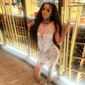 Glitter White Rhinestone Sequined Short Prom Dresses Sheer Neck Knee Length Evening Cocktail Party Gowns Homecoming