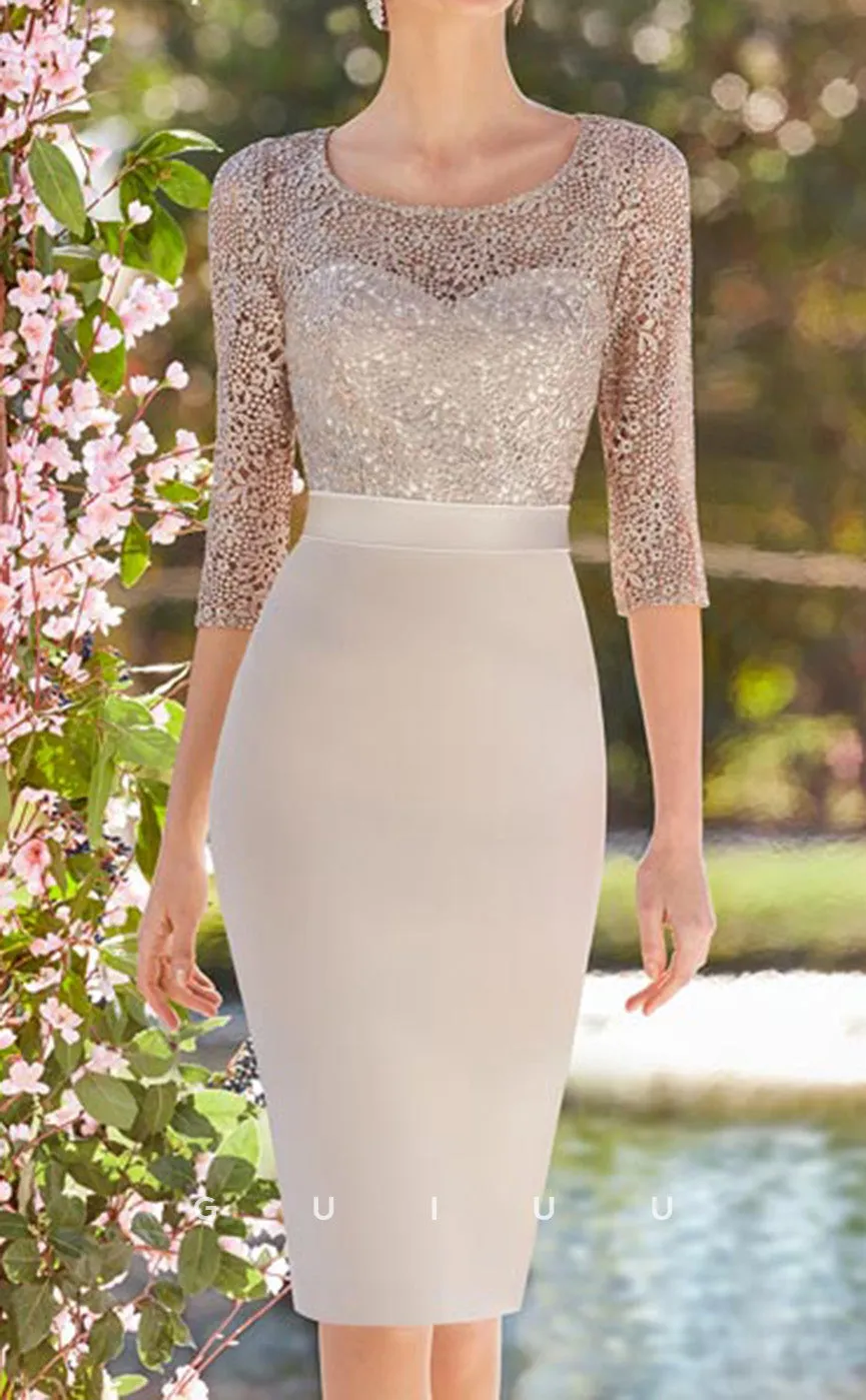 GM155 - Sheath Two Piece Round Neck 34 Length Sleeves Knee Length Lace Stain Mother of Bride Dress