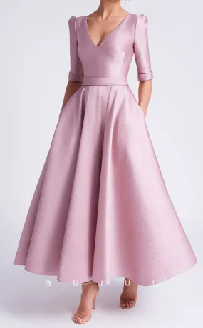 GM187 - A-Line V Neck Half Sleeves Tea Length Cocktail Dress Wedding Guest Dress