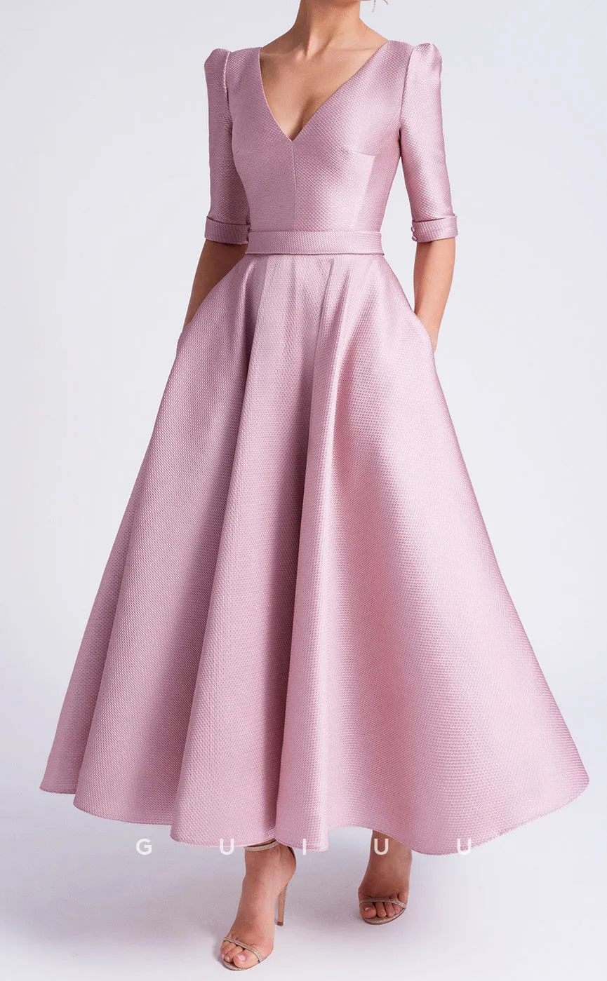 GM187 - A-Line V Neck Half Sleeves Tea Length Cocktail Dress Wedding Guest Dress