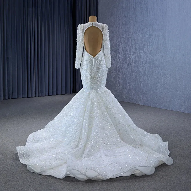 Gorgeous Elegant Beading Fishtail Scoop Full Sleeves Backless Wedding Gown
