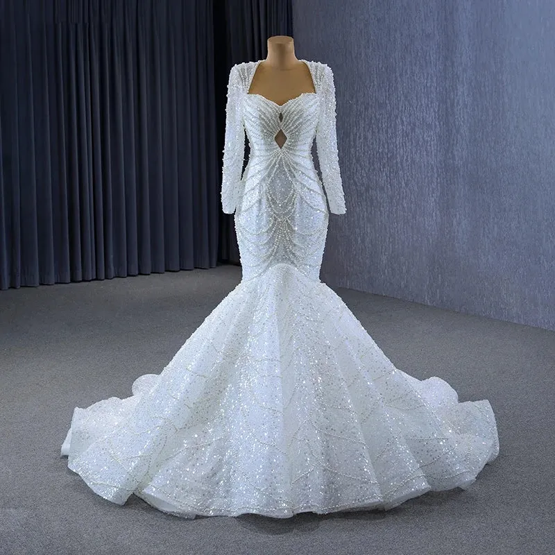 Gorgeous Elegant Beading Fishtail Scoop Full Sleeves Backless Wedding Gown