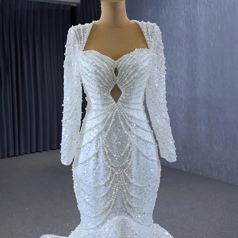 Gorgeous Elegant Beading Fishtail Scoop Full Sleeves Backless Wedding Gown