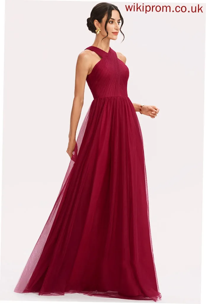 Halter A-Line Fabric Neckline Silhouette Length Floor-Length Ruffle Embellishment Alexus Bridesmaid Dresses