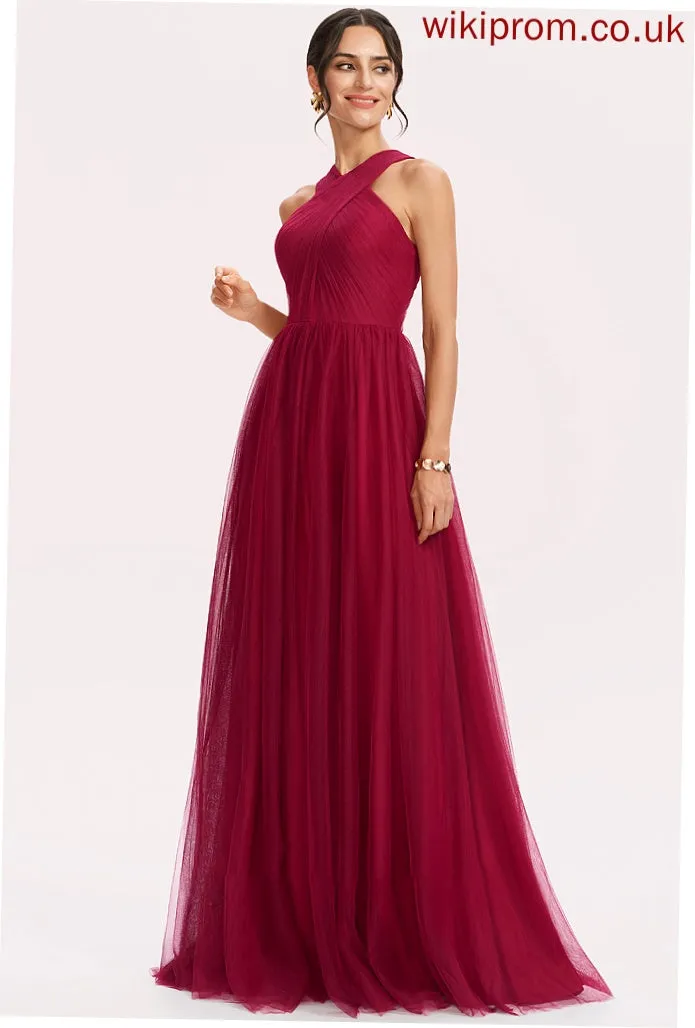 Halter A-Line Fabric Neckline Silhouette Length Floor-Length Ruffle Embellishment Alexus Bridesmaid Dresses