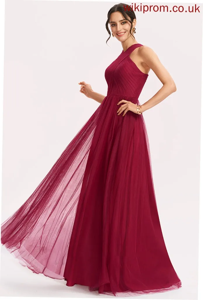 Halter A-Line Fabric Neckline Silhouette Length Floor-Length Ruffle Embellishment Alexus Bridesmaid Dresses