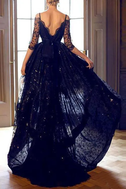 High-low Half Sleeves Lace Prom Dresses Evening Gowns With Straps PG305
