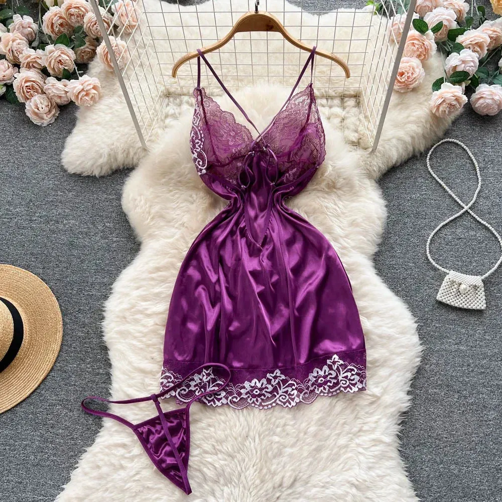 Hnzxzm Women Night Dress Sleeveless Backless Porno Pajamas Floral Lace Erotic Nightwears Thongs Satin Sexy Short Transparent Dresses
