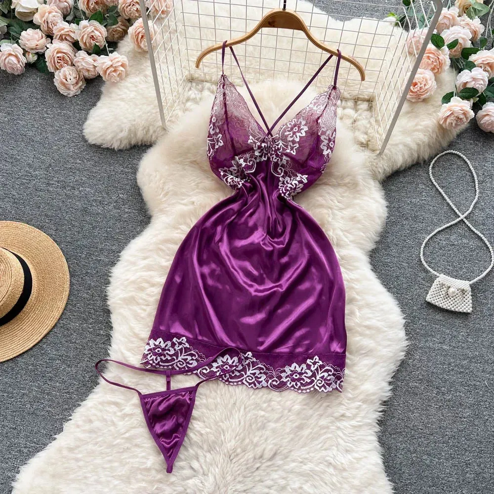 Hnzxzm Women Night Dress Sleeveless Backless Porno Pajamas Floral Lace Erotic Nightwears Thongs Satin Sexy Short Transparent Dresses