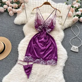 Hnzxzm Women Night Dress Sleeveless Backless Porno Pajamas Floral Lace Erotic Nightwears Thongs Satin Sexy Short Transparent Dresses