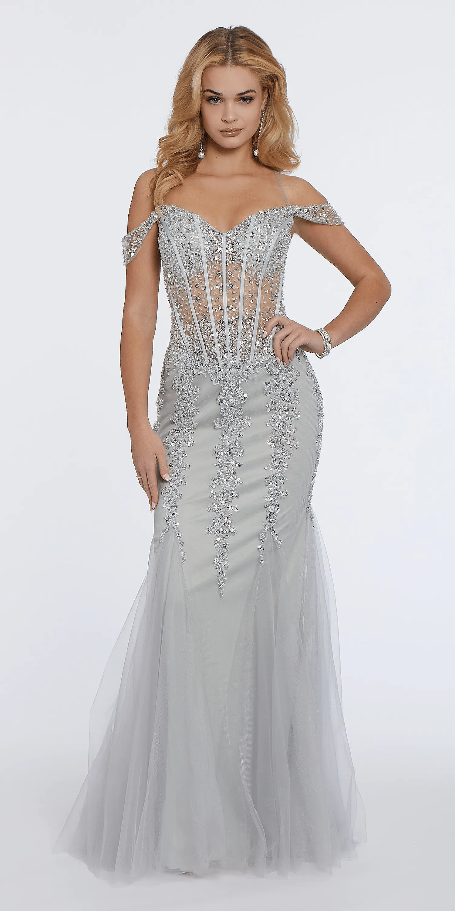 Illusion Corset Off the Shoulder Godet Dress