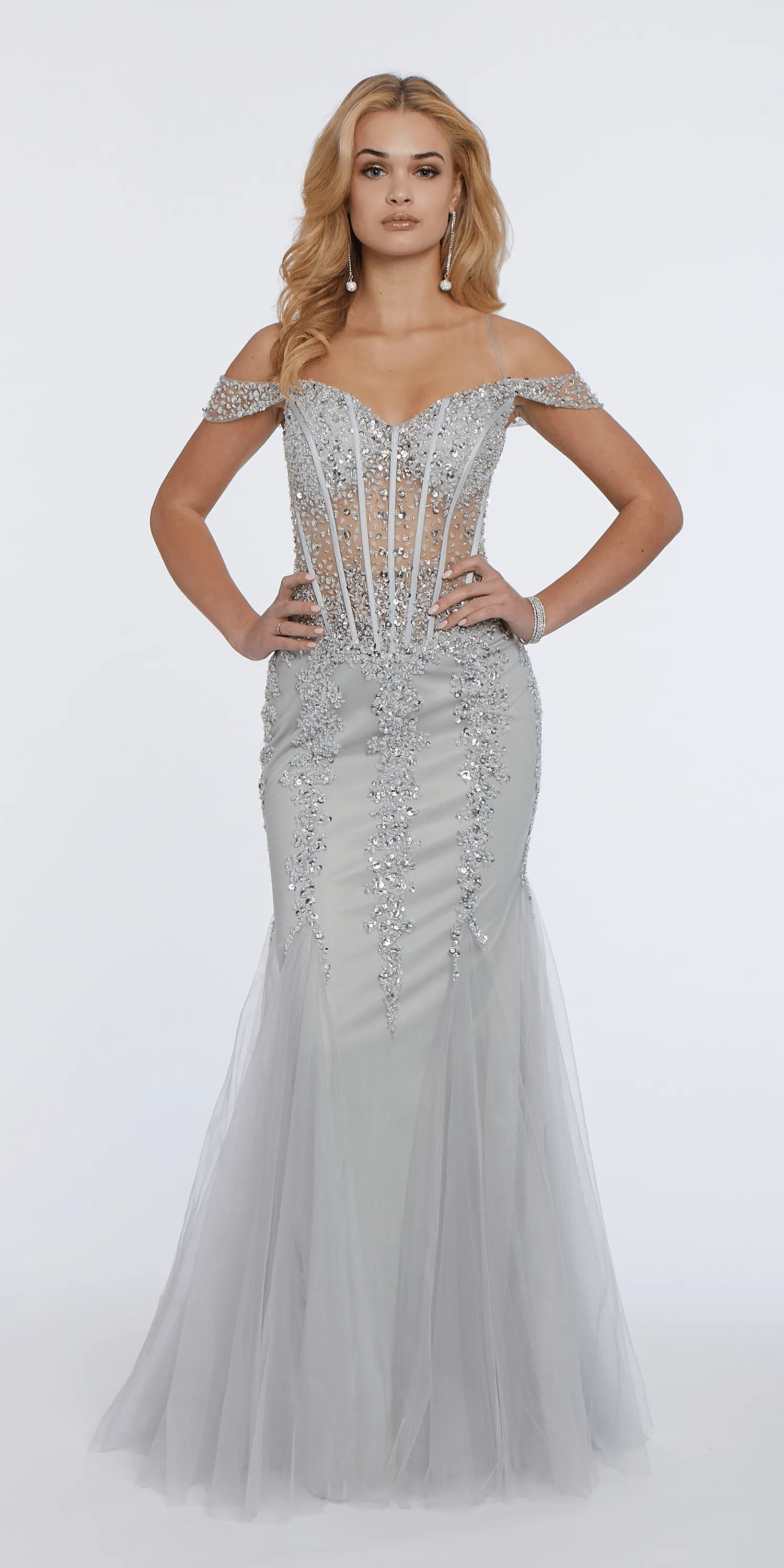 Illusion Corset Off the Shoulder Godet Dress