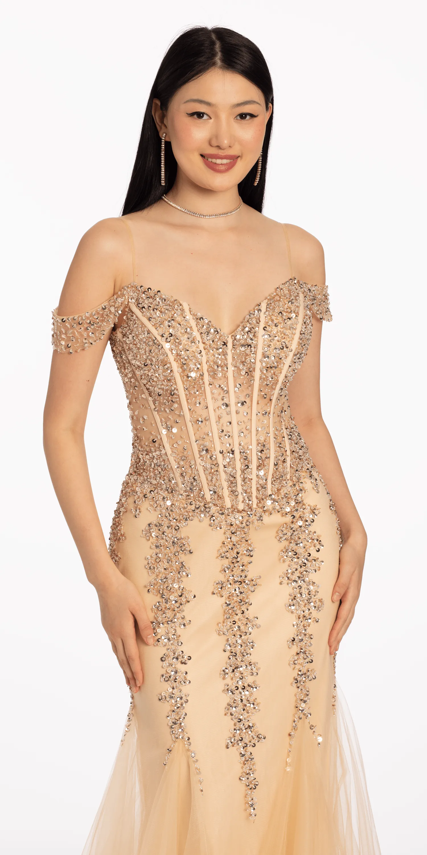 Illusion Corset Off the Shoulder Godet Dress