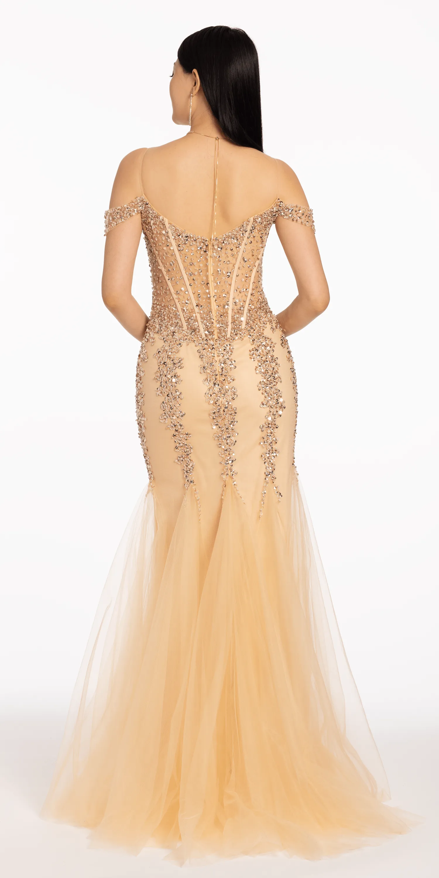 Illusion Corset Off the Shoulder Godet Dress