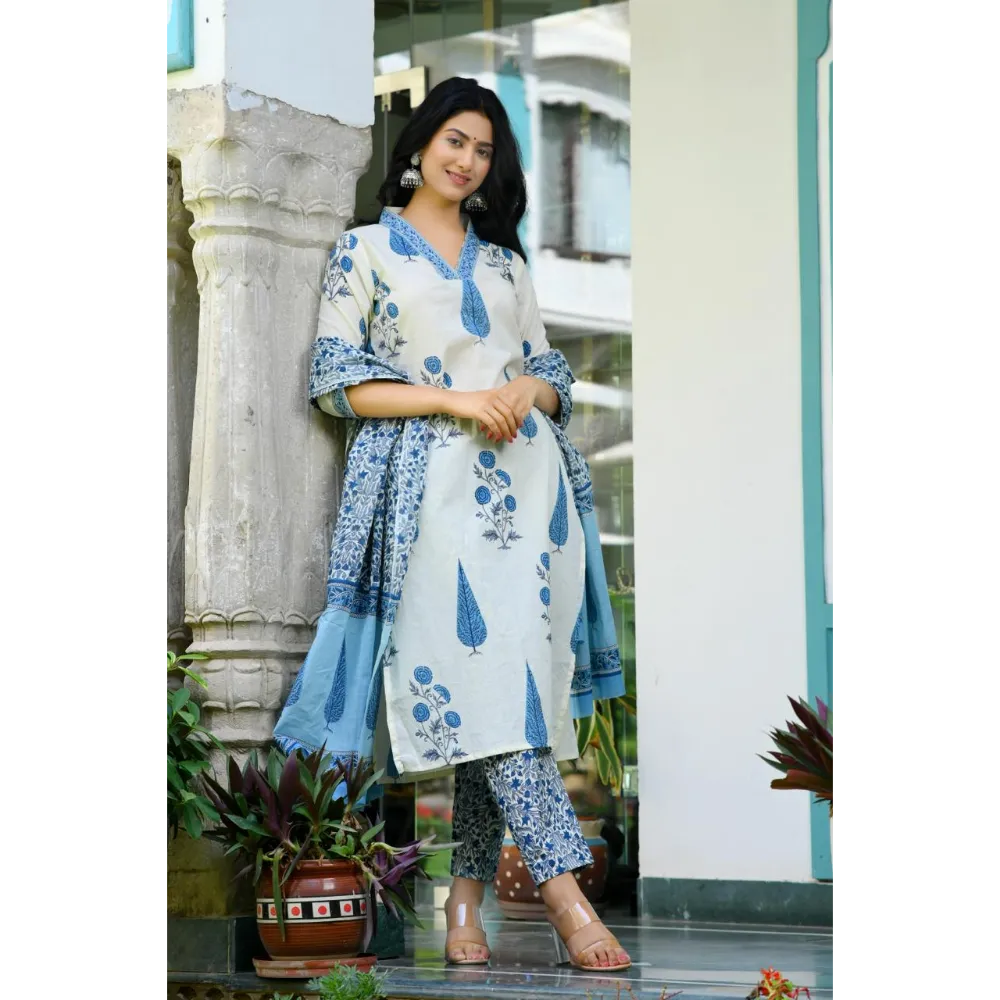 Indolady Beautiful Blue Block Print Suit Set