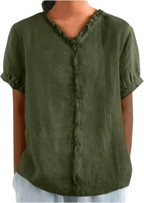 JOAU Women's Cotton Linen Short Sleeve Ruffle Shirts 2025 Summer Loose Casual V Neck Blouse Dressy Boho Beach Tunic Tops