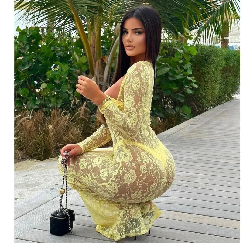 Lace Perspective Long Sleeve Slim Fit Summer Maxi Dress