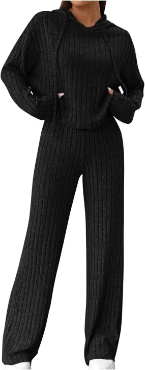 Lastesso Lounge Sets for Women 2 Piece Casual Crewneck Long Sleeve Sweatshirt Soft Wid Leg Trousers Basic Solid Sweatsuits