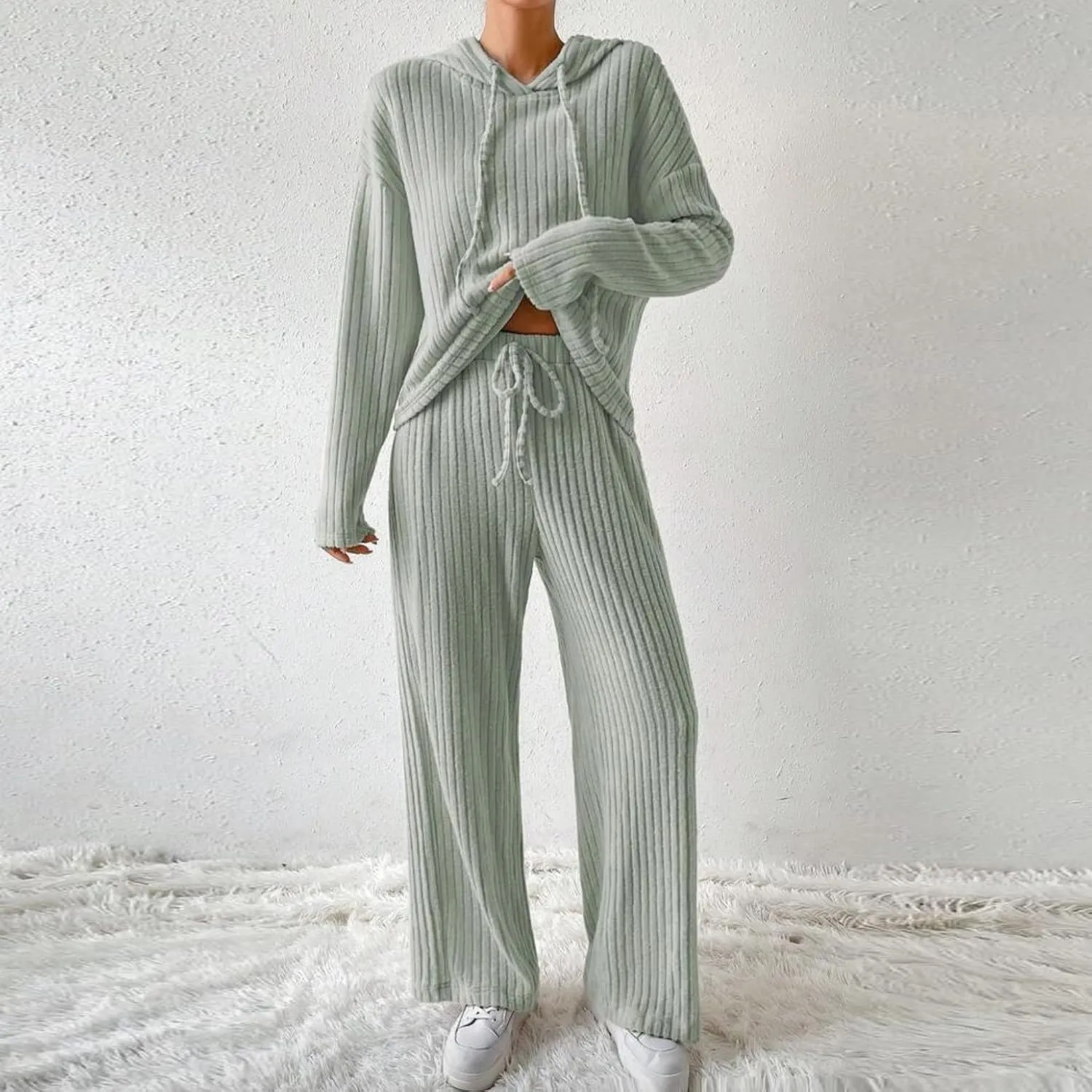 Lastesso Lounge Sets for Women 2 Piece Casual Crewneck Long Sleeve Sweatshirt Soft Wid Leg Trousers Basic Solid Sweatsuits