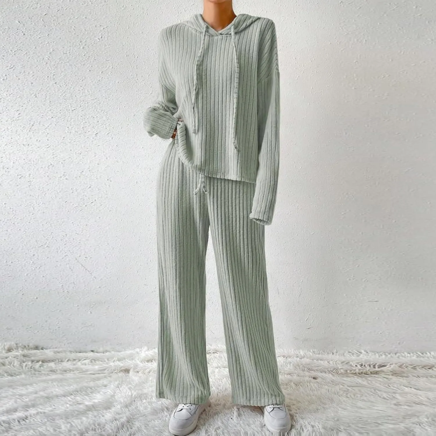 Lastesso Lounge Sets for Women 2 Piece Casual Crewneck Long Sleeve Sweatshirt Soft Wid Leg Trousers Basic Solid Sweatsuits