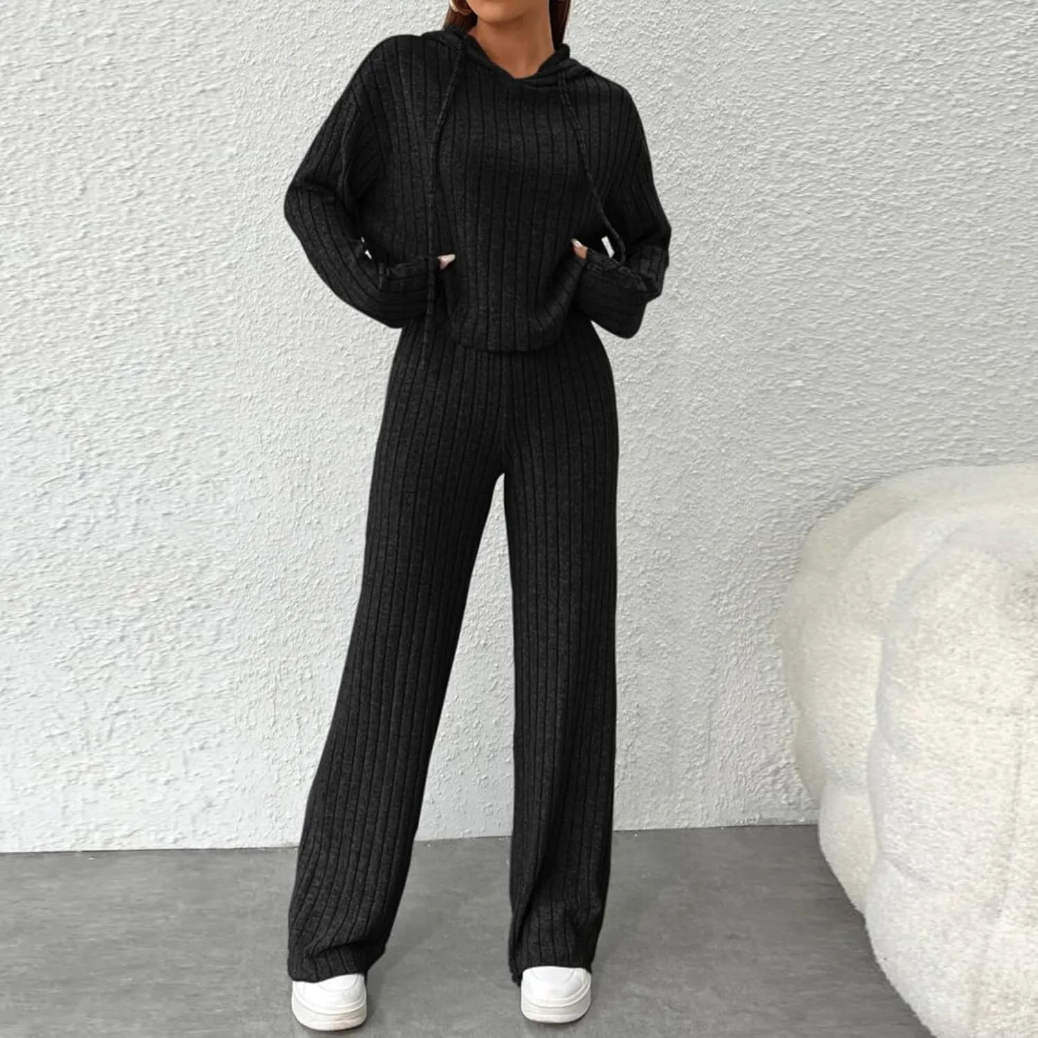 Lastesso Lounge Sets for Women 2 Piece Casual Crewneck Long Sleeve Sweatshirt Soft Wid Leg Trousers Basic Solid Sweatsuits