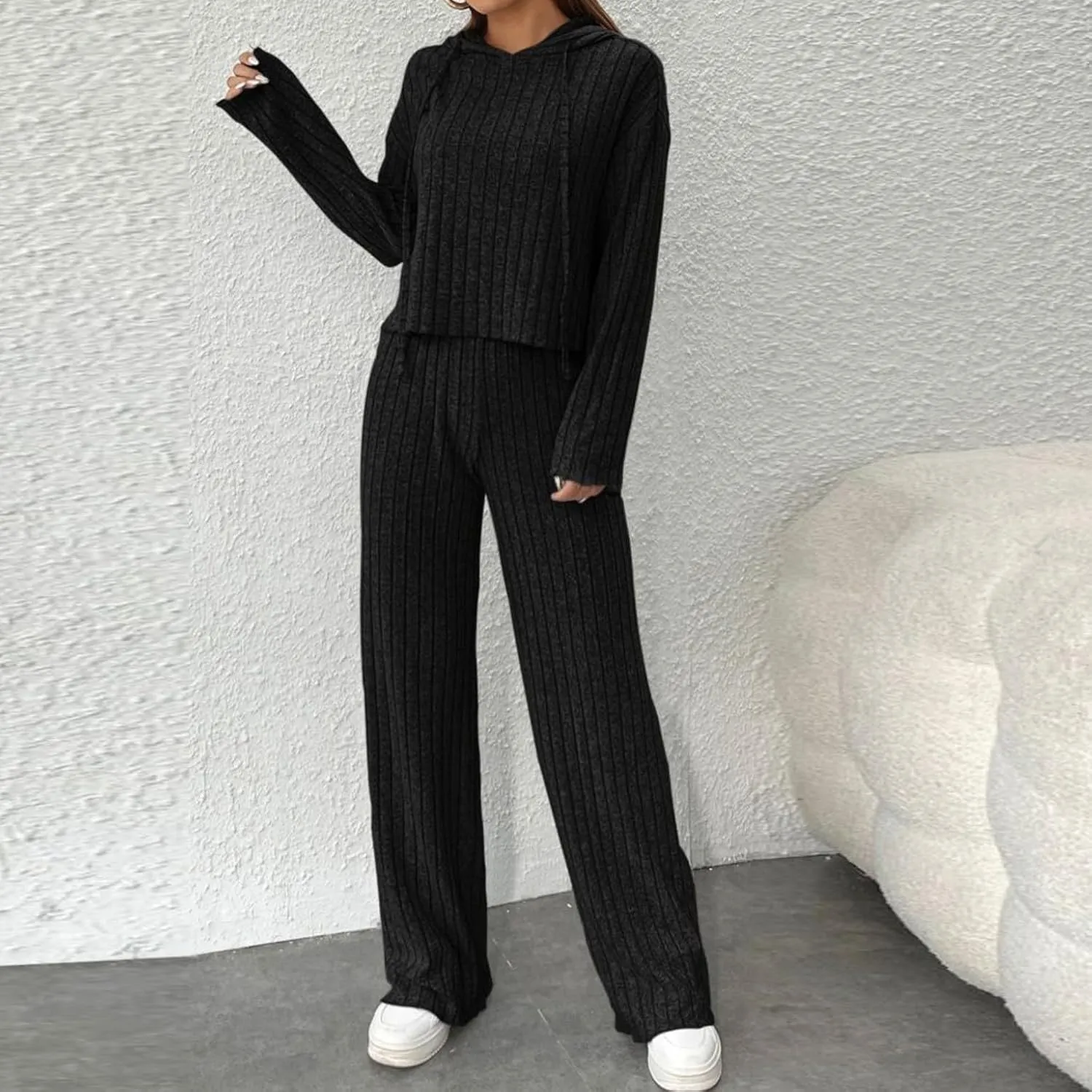 Lastesso Lounge Sets for Women 2 Piece Casual Crewneck Long Sleeve Sweatshirt Soft Wid Leg Trousers Basic Solid Sweatsuits