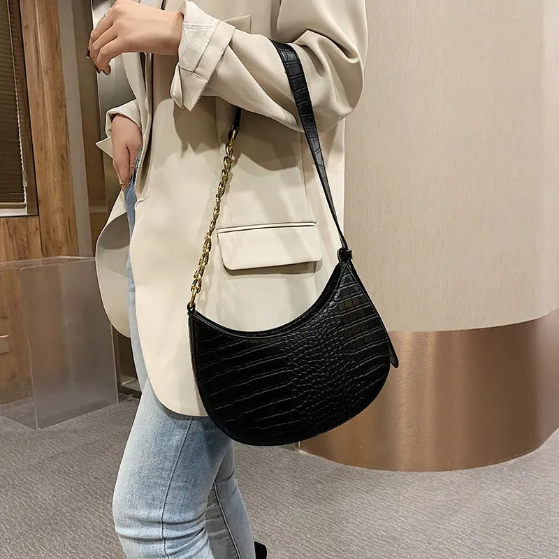 LEFTSIDE Crocodile Pattern PU Leather Saddle Bags For Women 2021 Handbags And Purses Female Summer Travel Crossbody Shoulder Bag