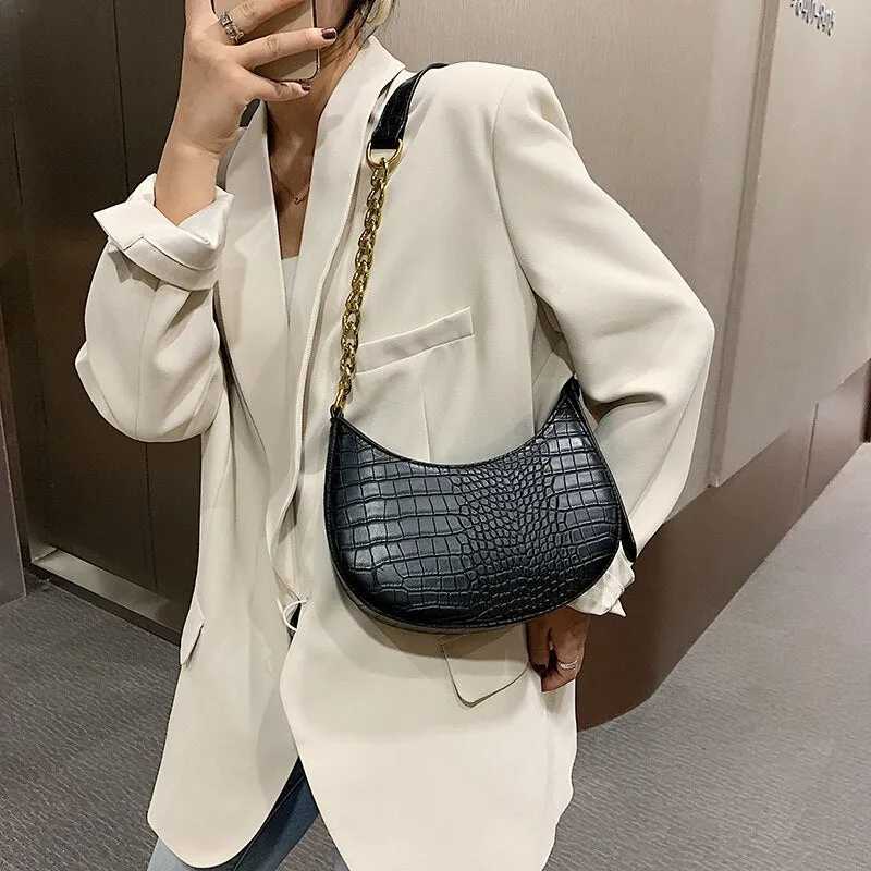 LEFTSIDE Crocodile Pattern PU Leather Saddle Bags For Women 2021 Handbags And Purses Female Summer Travel Crossbody Shoulder Bag