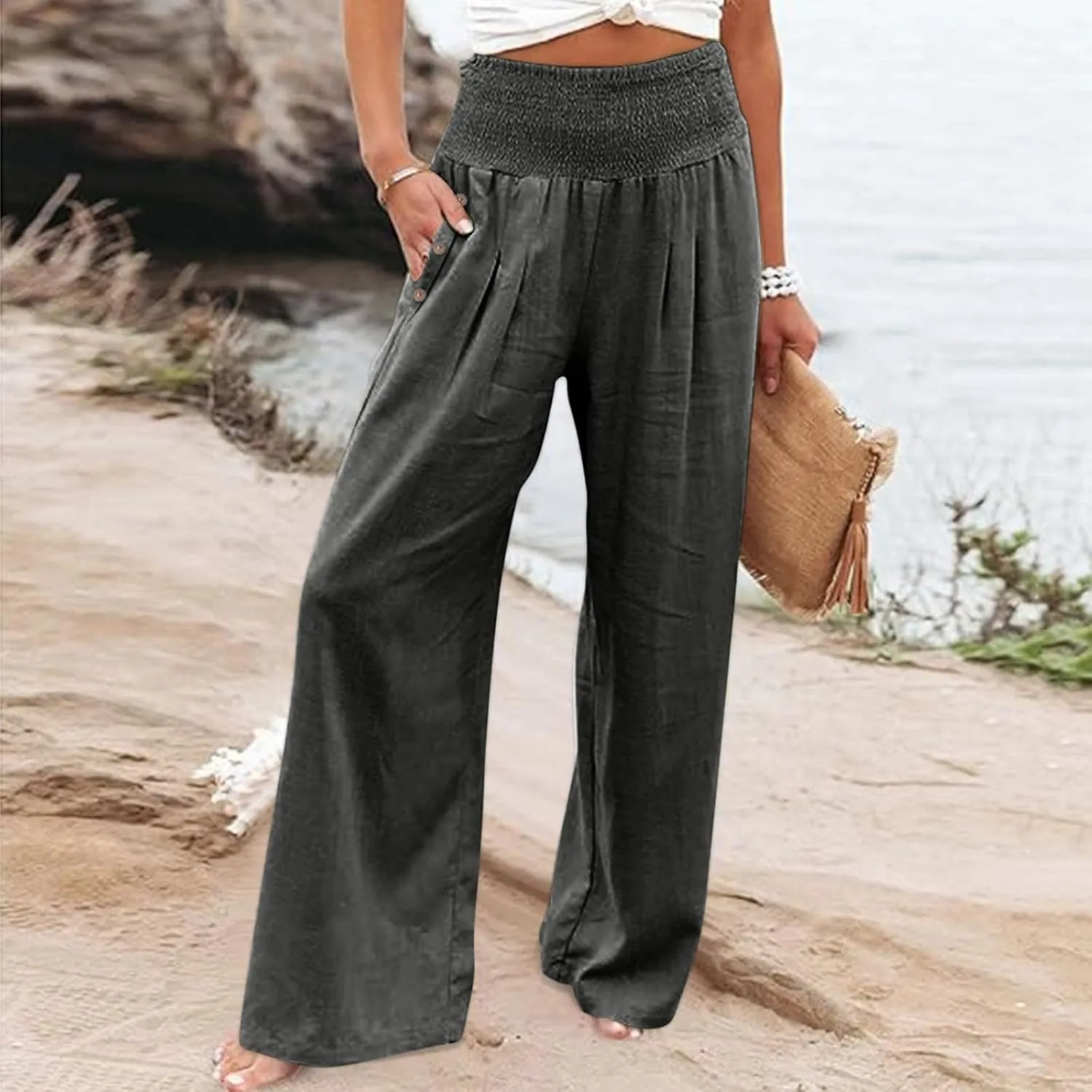 Linen Pants for Women Wide Leg Palazzo High Waisted Casual Flowy Summer Trousers Beach Comfortable Womens Pants