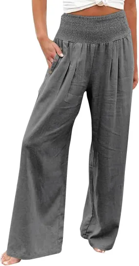Linen Pants for Women Wide Leg Palazzo High Waisted Casual Flowy Summer Trousers Beach Comfortable Womens Pants