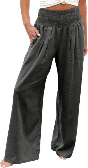 Linen Pants for Women Wide Leg Palazzo High Waisted Casual Flowy Summer Trousers Beach Comfortable Womens Pants