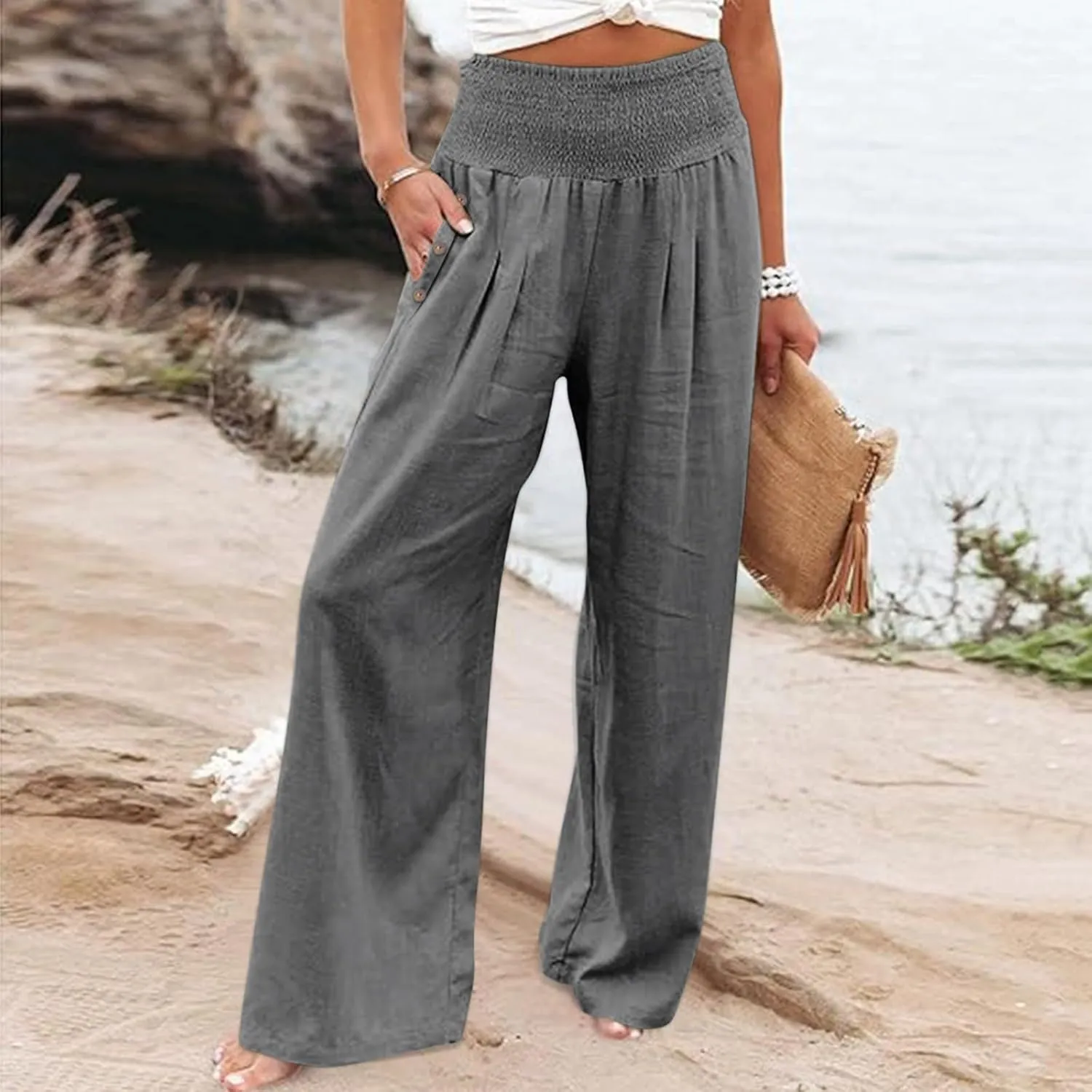 Linen Pants for Women Wide Leg Palazzo High Waisted Casual Flowy Summer Trousers Beach Comfortable Womens Pants