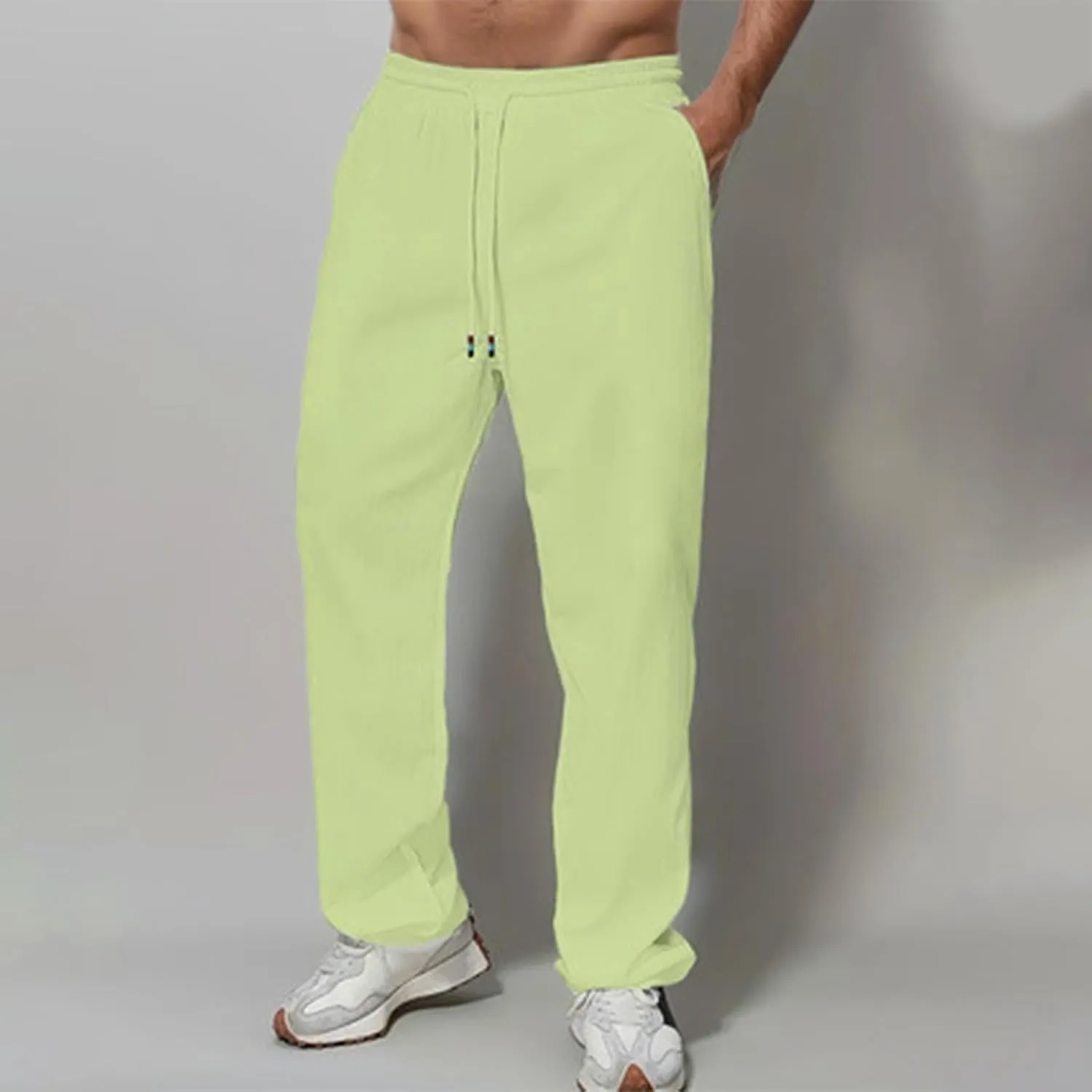 Linen Pants Men Slim Fit Drawstring Elastic Waist Trousers Summer Comfortable Beach Pants with Pockets Full Length