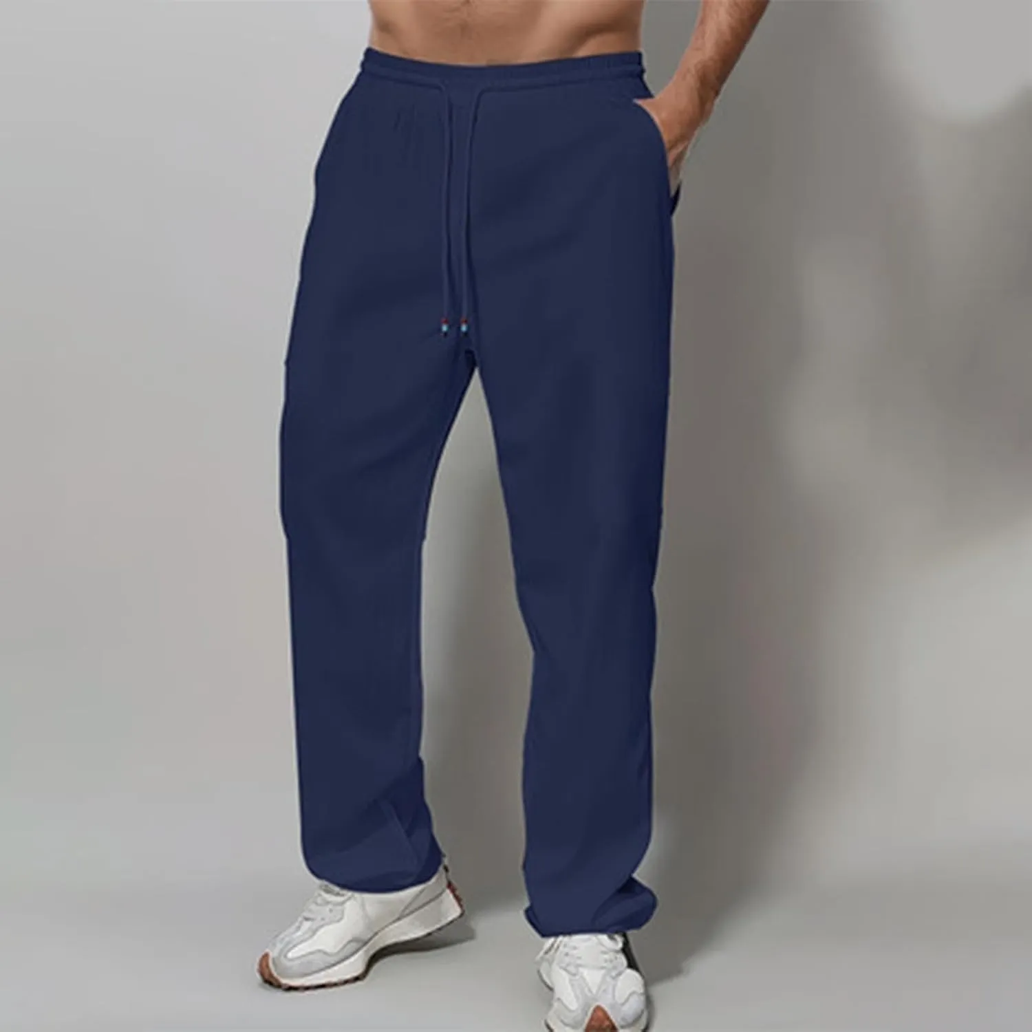 Linen Pants Men Slim Fit Drawstring Elastic Waist Trousers Summer Comfortable Beach Pants with Pockets Full Length