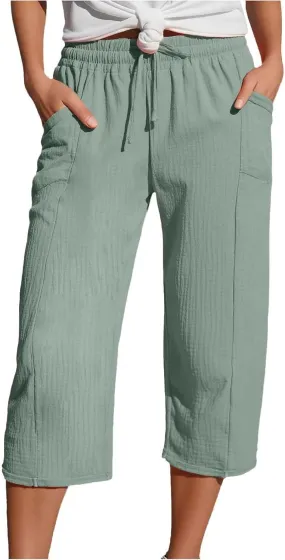 Linen Pants Women Summer Casual High Waist Straight Wide Leg Pants Comfortable Fit Trousers with Pockets