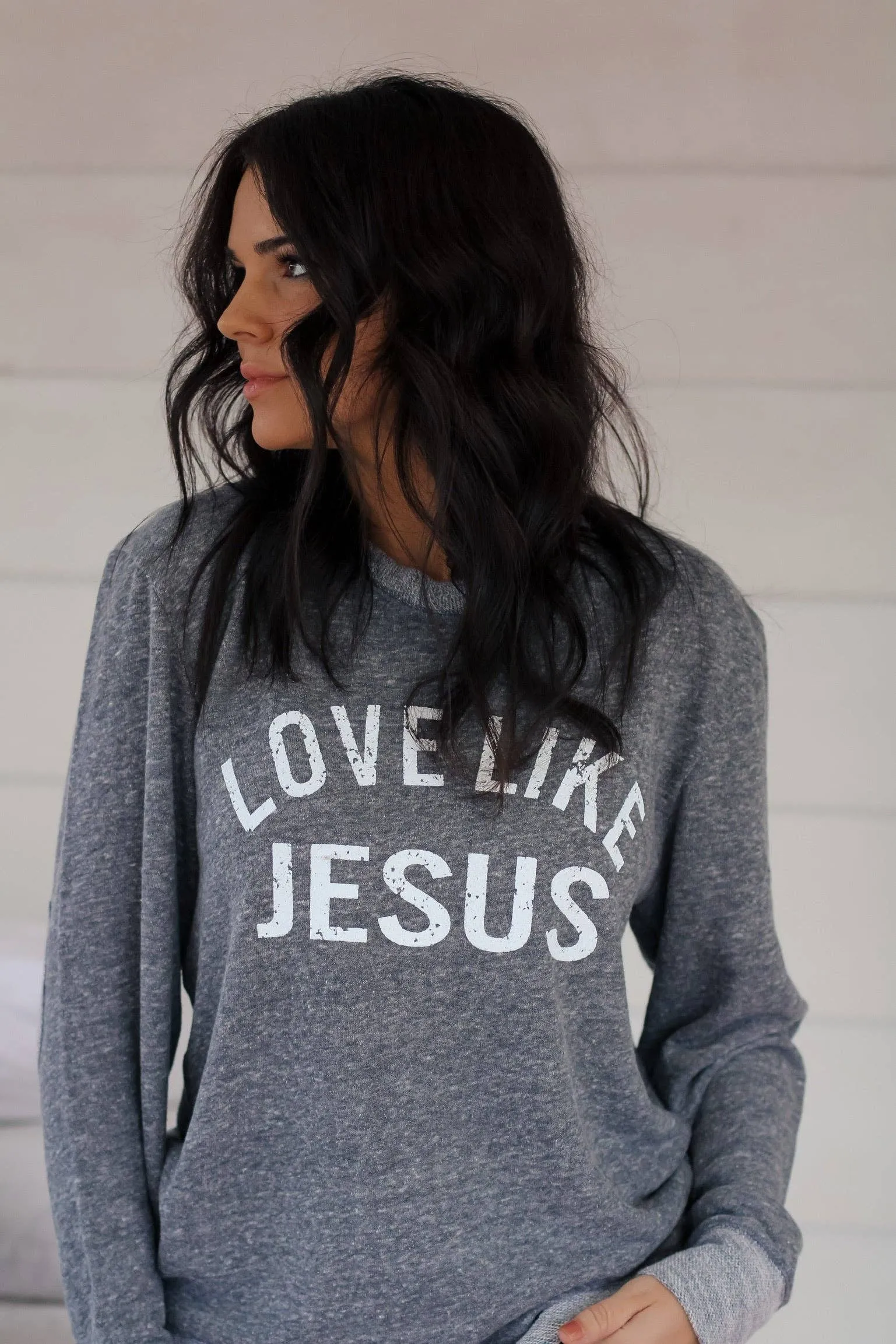 Love Like Jesus |  French Terry Sweater with Elbow Patches | Heathered Grey