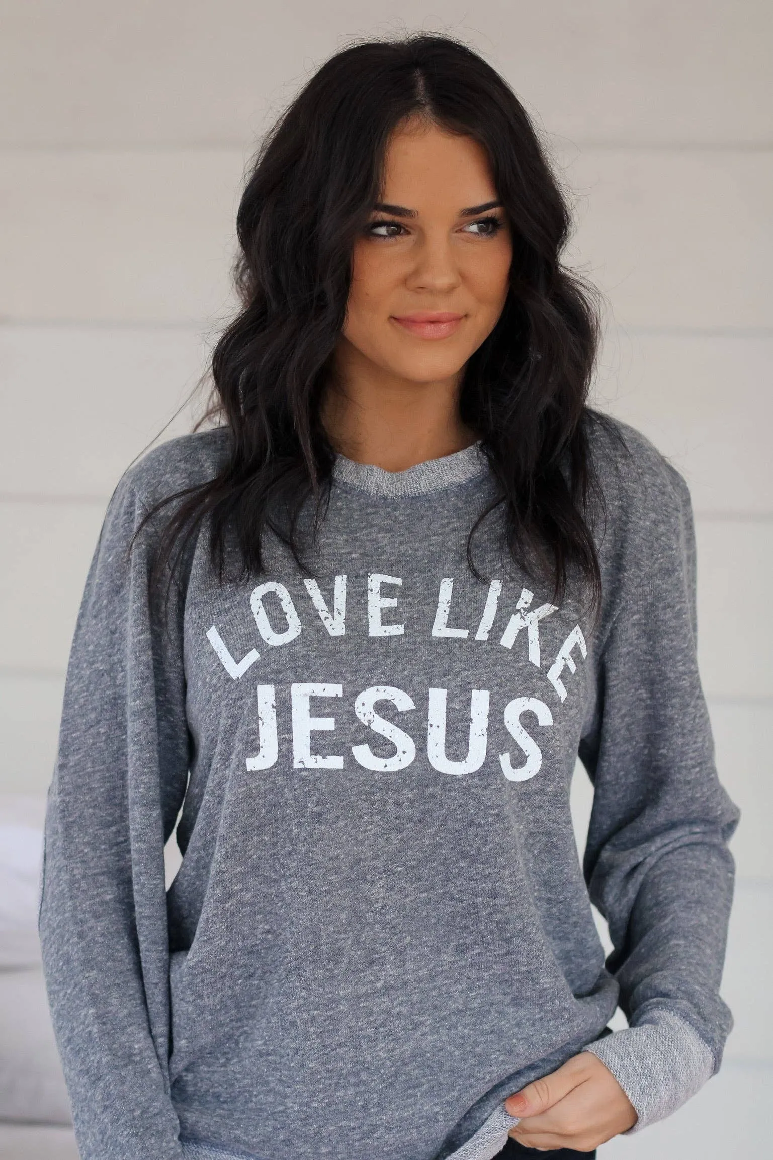 Love Like Jesus |  French Terry Sweater with Elbow Patches | Heathered Grey