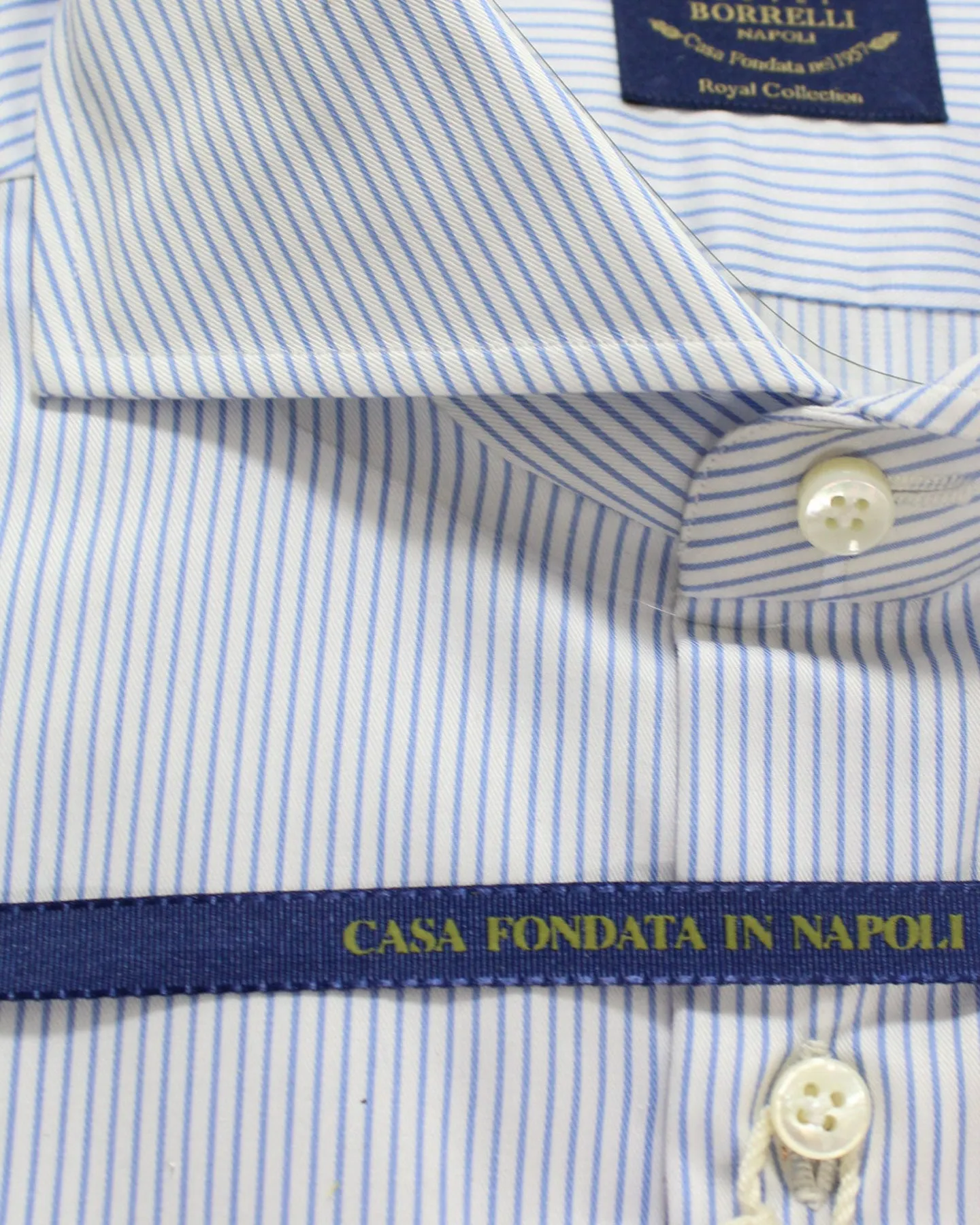 Luigi Borrelli Dress Shirt ROYAL COLLECTION - White Blue Stripes 39 - 15 1/2 Cutaway Collar