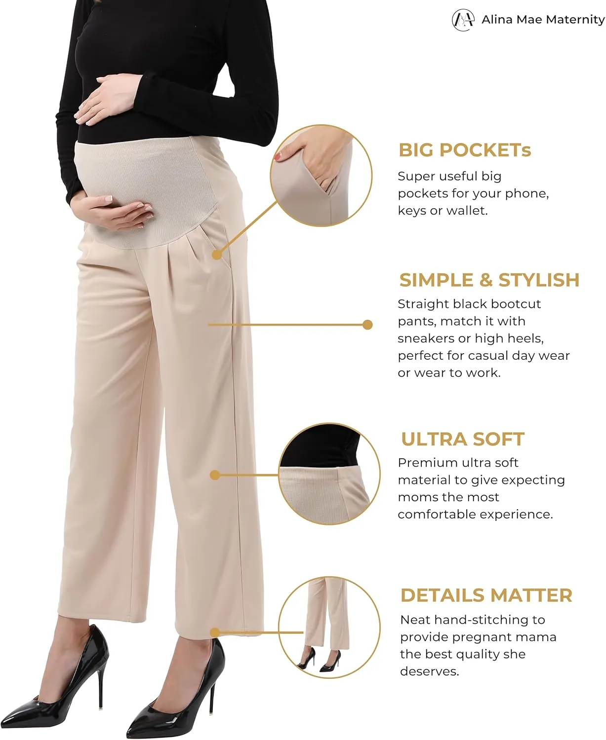 Maternity Wide Leg Pants Comfortable Stretch Over-Bump Women Pregnancy Casual Capris for Work